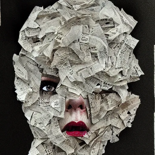 Prompt: multiple faces shredded like paper news scared, dark horror, surreal, drawing, painting,