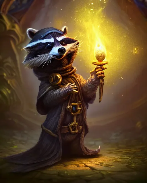 Image similar to closeup 2 8 mm anthropomorphic wizard raccoon casting a spell in a castle, d & d, fantasy, intricate, action pose, particle effects, highly detailed, digital painting, artstation, concept art, matte, sharp focus, volumetric lighting, illustration, hearthstone, art by artgerm, wlop, craig mullins, alphonse mucha