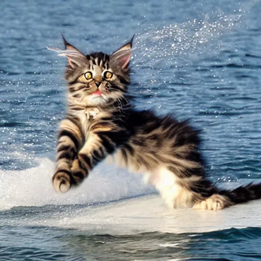 Prompt: Maine coon kitten is a Water skiing champion, action shot.