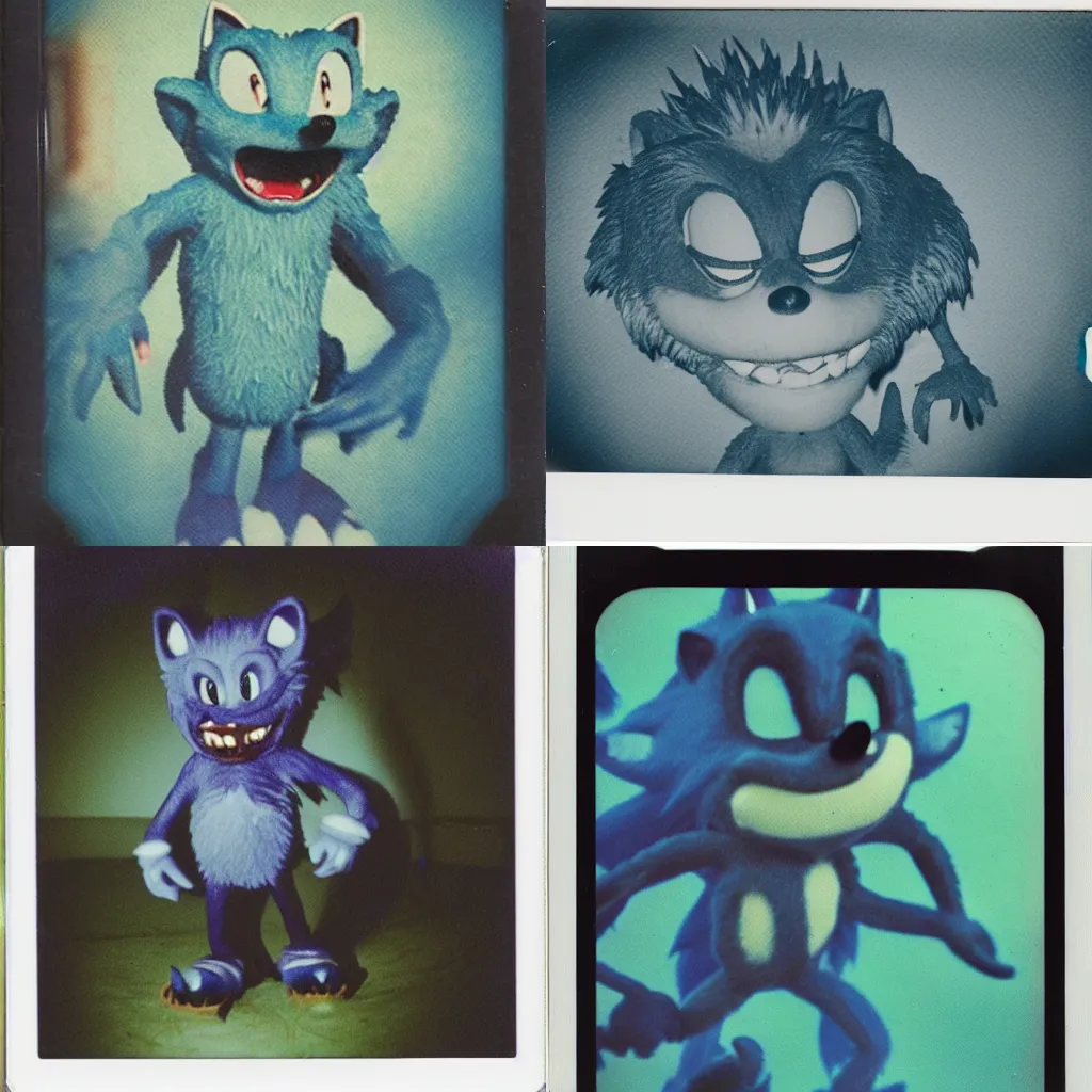 Prompt: instax polaroid film still of a sonic the hedgehog blue swamp creature with fangs and claws, faded glow, creepypasta