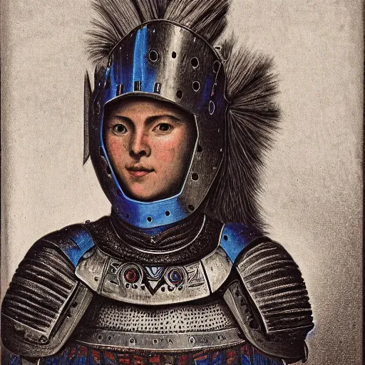 Prompt: head and shoulders portrait of a female knight, quechua!, lorica segmentata, cuirass, tonalist, symbolist, realism, indigo! and venetian red!, chiaroscuro, baroque, engraving, detailed, raven, modeled lighting, vignetting, angular, smiling, vivid colors