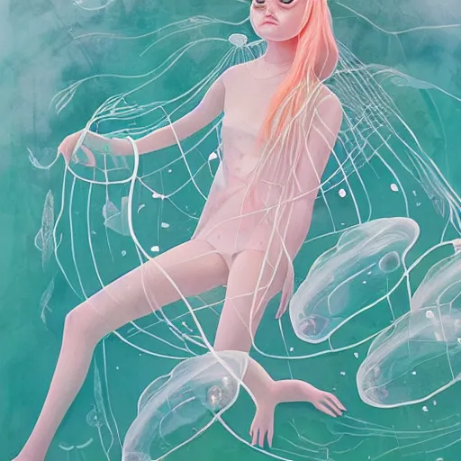 Image similar to Elle Fanning underwater surrounded by jellyfish picture by Sachin Teng, asymmetrical, dark vibes, Realistic Painting , Organic painting, Matte Painting, geometric shapes, hard edges, graffiti, street art:2 by Sachin Teng:4