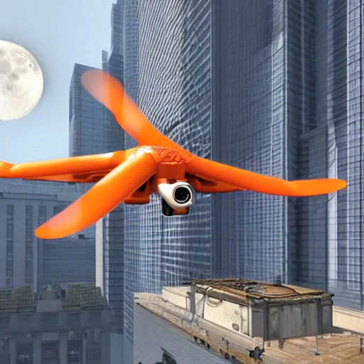 Image similar to an orange white quadcopters flies among big buildings, moon colonial station, photorealistic, 2 0 2 2