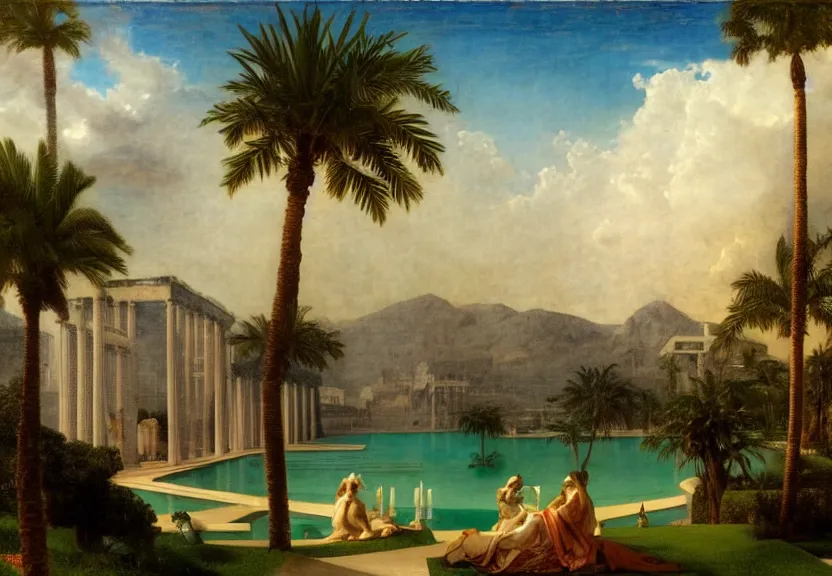 Image similar to Palace floating in the sky, 1km tall, thunderstorm, greek pool, beach and palm trees on the background major arcana sky, by paul delaroche, hyperrealistic 4k uhd, award-winning, very very very detailed