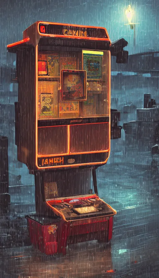 Prompt: videogame cabinet begging for coins in the rain, sharp focus, james gilleard, cinematic, game art, extremely detailed digital painting, print