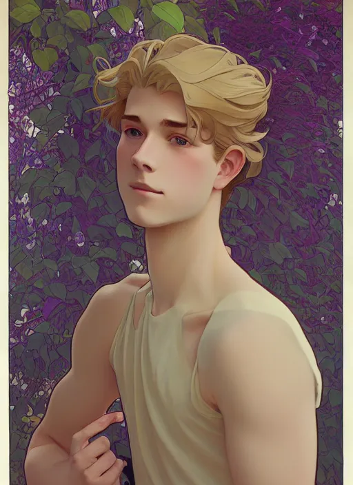 Image similar to pretty young man with shoulder length blond hair, male, half body shot, path traced, highly detailed, high quality, digital painting, by studio ghibli and alphonse mucha, leesha hannigan, hidari, art nouveau, chiho aoshima