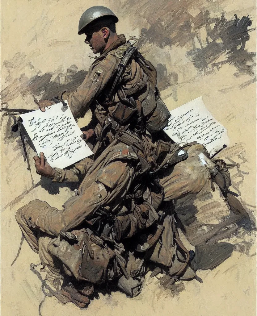 Image similar to a painting of lots of words in a hand written letter by a soldier in el alamein battle, wwii, black and white, jeremy mann, alphonse mucha