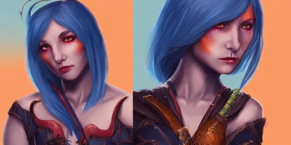 Image similar to triptych of youthful female feminine horned tiefling female bard with long bob cut blue hairstyle, her skin is tangerine, she has immaculate skin and pure black eyes and is wearing colorful leather armor by rossdraws,