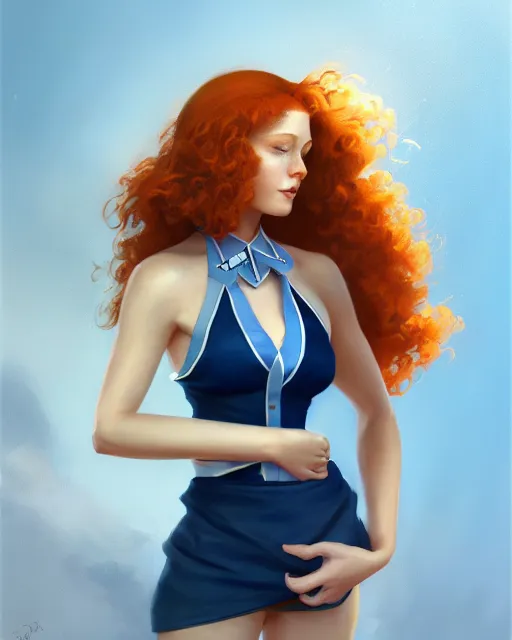 Prompt: cute female flight attendant, perfect face, blue halter top uniform, ginger hair, cinematic, stunning, agile, highly detailed, digital painting, artstation, smooth, hard focus, illustration, art by jessica rossier and and brian froud