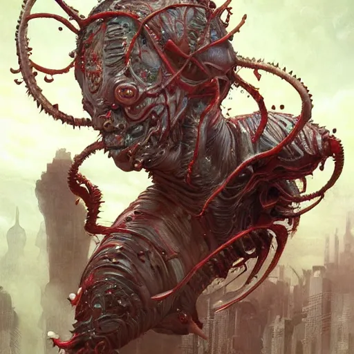 Image similar to whirling portrait of a twisting bloodied filigreed slime dripping genderless insect alien monster, muscles, rippling, space warping, ultra realistic, concept art, intricate details, eerie, highly detailed, photorealistic, octane render, 8 k, unreal engine. art by artgerm and greg rutkowski and alphonse mucha