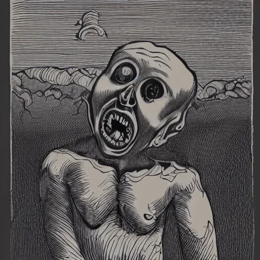 Prompt: A beautiful print that captures the feeling of terror and anguish. The bright sky contrasts sharply with the dark, ominous figure in the background, creating a sense of unease and foreboding. The figure's face is twisted in a scream of agony, conveying the true horror of the scene. This print is truly a masterpiece of emotion and terror. by Käthe Kollwitz a e s t h e t i c