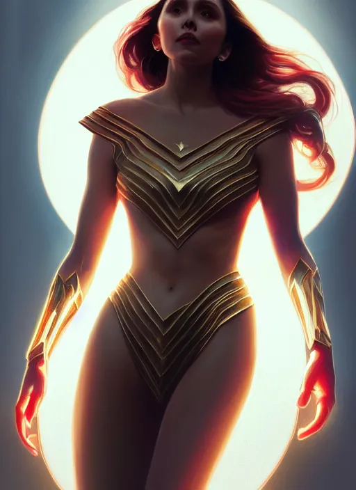 Image similar to portrait of modern darna, elizabeth olsen, intricate, elegant, glowing lights, highly detailed, digital painting, artstation, glamor pose, concept art, smooth, sharp focus, illustration, art by wlop, mars ravelo and greg rutkowski