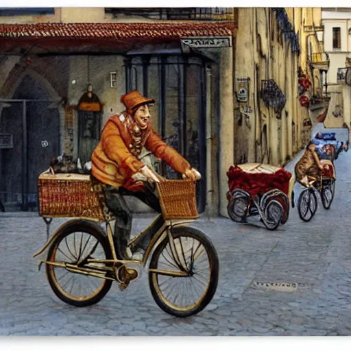 Image similar to a food delivery guy on his bicycle at the streets of Lisbon, art by Stephen Hickman