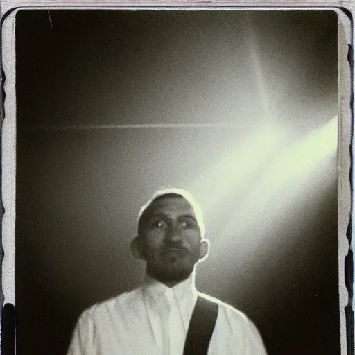 Image similar to wide angle, old polaroid of a man being illuminated by few sun rays, black and white