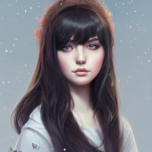 Image similar to teen girl, long black hair, gorgeous round face, brown pollover, amazing, elegant, intricate, highly detailed, digital painting, artstation, concept art, sharp focus, illustration, art by ross tran