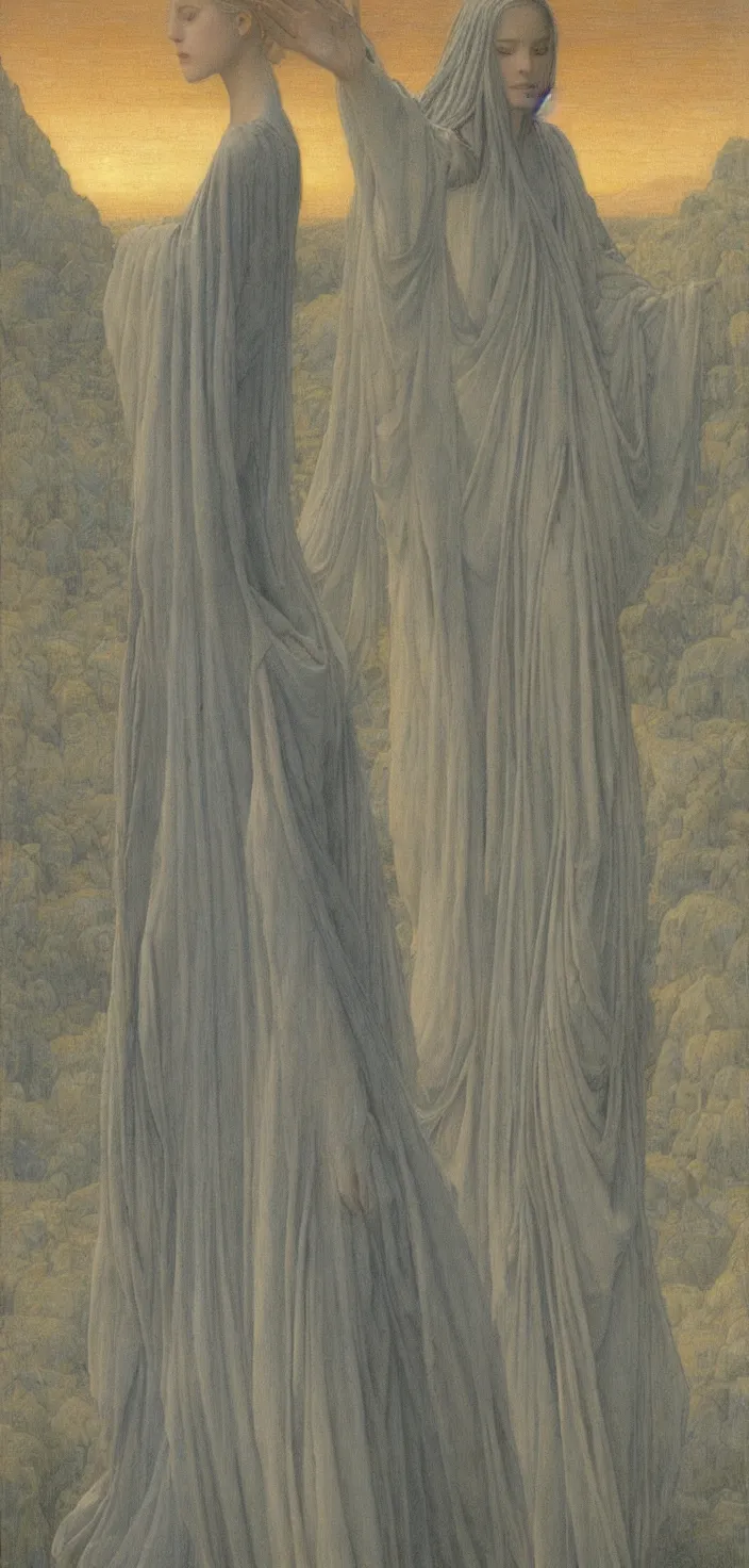 Image similar to thin young beautiful with long wispy grey hair, wearing robes, glfemale goddess, oil on canvas jean delville and ralph maquarrie, 4 k resolution, calm serene aesthetics
