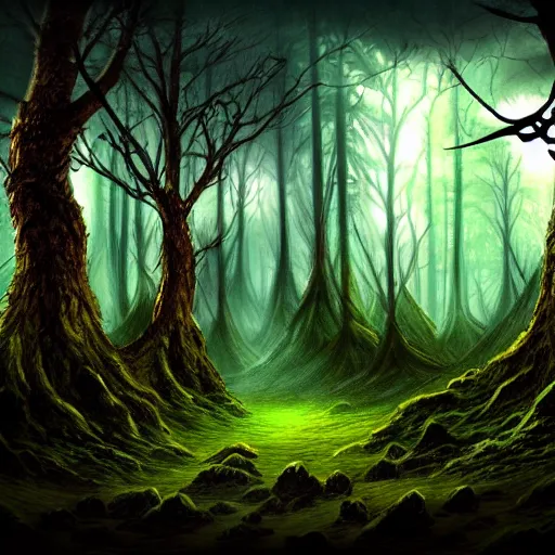 Prompt: dark fantasy landscape forest
