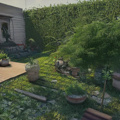 Image similar to leaked photos of my mother's backyard with full of weed, trending on artstation, 8 k, octane render, detailed lighting, high quality render, aesthetic, unreal engine