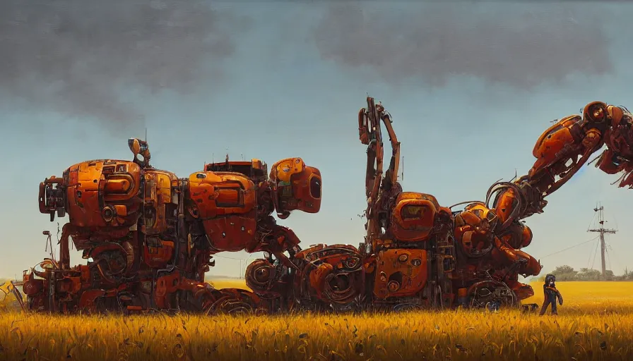 Image similar to an intricate oil painting of a giant scrap metal anime combine harvester humanoid mecha with rounded components by simon stalenhag