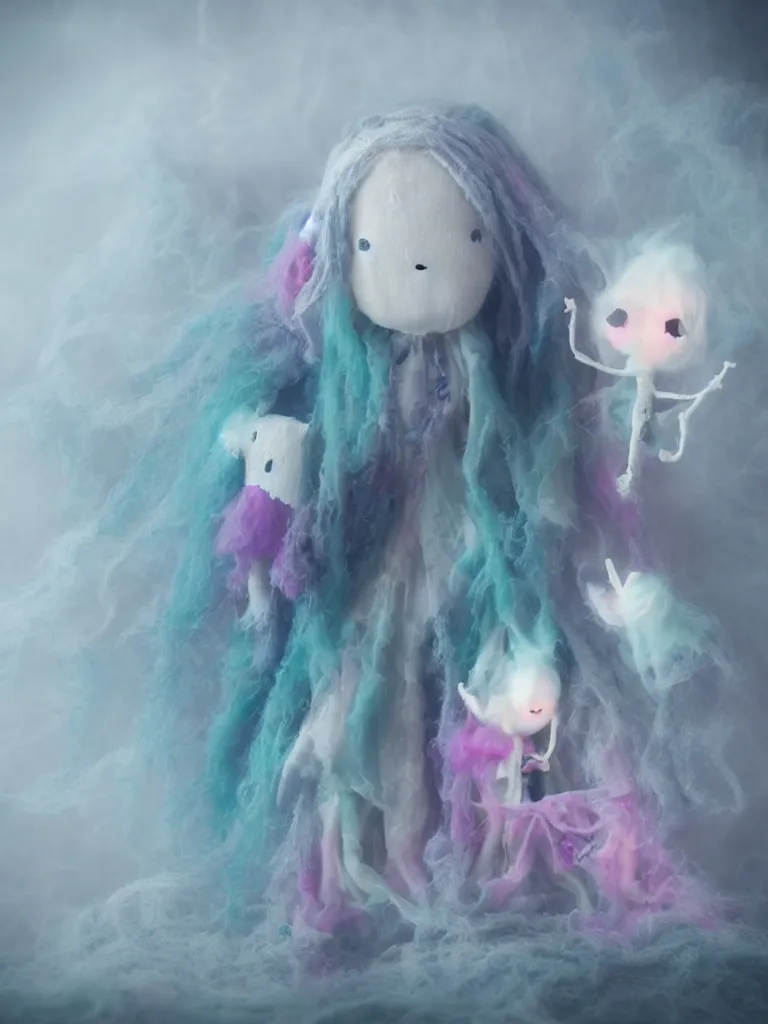 Prompt: cute fumo plush smiling ectoplasmic jellyfish ghost girl waving in deep fog over mysterious waters, patchwork doll chibi gothic maiden in tattered melting rags, glowing pink wisps of hazy green smoke and eerie blue volumetric fog swirling about, moonlight, glowing lens flare, black and white, vray