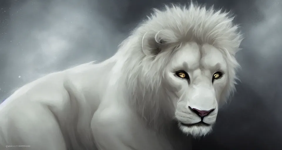 Image similar to aesthetic portrait commission of a albino male furry anthro lion wearing white glowing cloak in an empty black room surrounded by darkness, Character design by charlie bowater, ross tran, artgerm, and makoto shinkai, detailed, inked, western comic book art, 2021 award winning painting