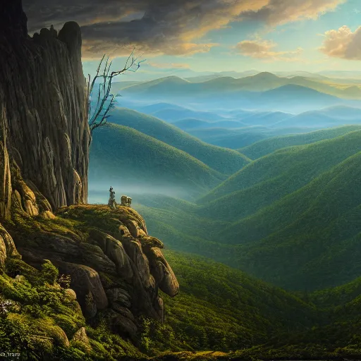 Image similar to a beautiful and highly detailed matte painting of the the appalachian mountains, intricate details, epic scale, insanely complex, 8 k, sharp focus, hyperrealism, very realistic, by caspar friedrich, greg rutowski, james gurney, zeen chin,