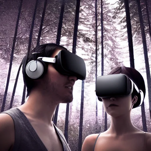 Prompt: duo playing music using futuristic VR headset instruments in a forest, in the style of artgerm, Ryoji Ikeda, Riyoko Ikeda, 3d render, artstation trending, 8k, photorealistic, sharp detail