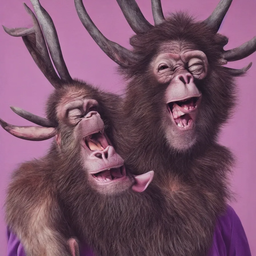 Image similar to hyper realistic portrait painting by chuck close, studio lighting, brightly lit purple room, an ape with antlers laughing, a giant rabbit clown crying