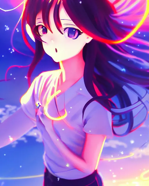 Image similar to anime style, vivid, expressive, full body, 4 k, painting, a cute magical girl with a long wavy black hair, stunning, realistic light and shadow effects, centered, simple background, studio ghibly makoto shinkai yuji yamaguchi