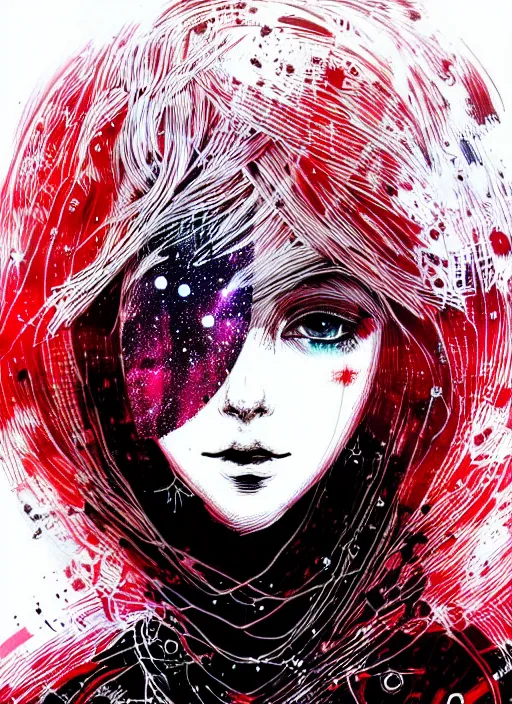 Prompt: highly detailed portrait of a hopeful pretty astronaut lady with a wavy blonde hair, by Carne Griffiths, 4k resolution, nier:automata inspired, bravely default inspired, vibrant but dreary but upflifting red, black and white color scheme!!! ((Space nebula background))