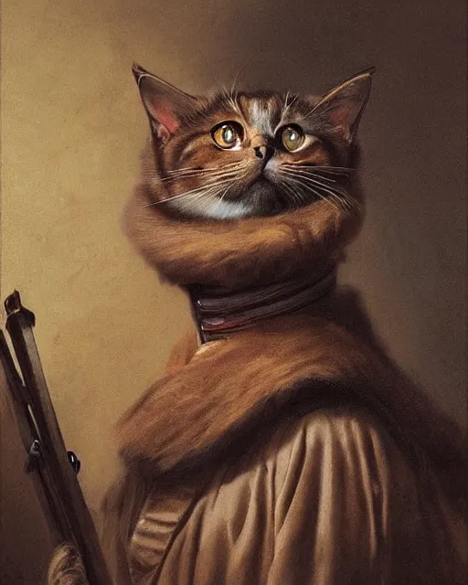 Prompt: portrait of cute brown cat with serious expression wearing 1 8 th century royal guard uniform, baroque painting, greg rutkowski