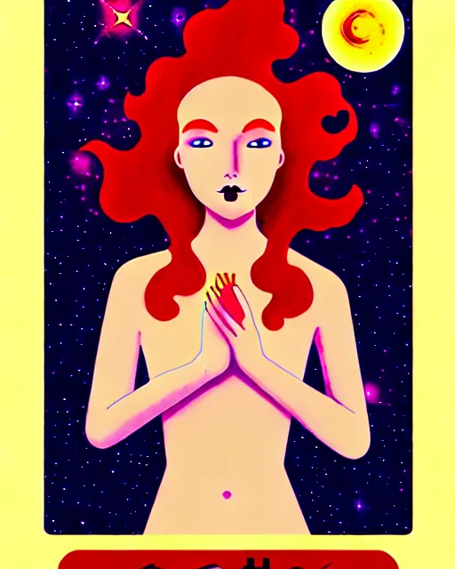 Image similar to tarot card of space astral girl, red hair, ginger hair, fantasy, glowing skin, smooth face, perfect eyes