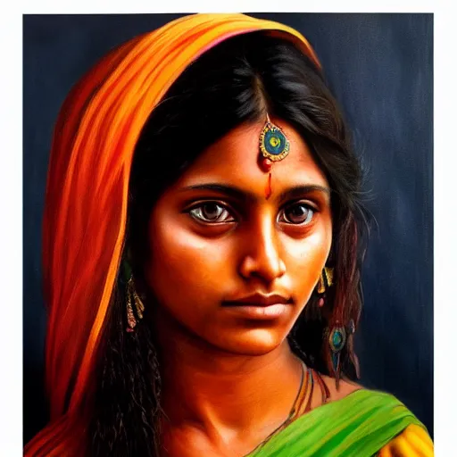 Prompt: stunning, breathtaking, awe - inspiring award - winning concept art portrait painting by steve mccurry of a beautiful young hindu woman with short, wavy hair, wearing a colorful sari