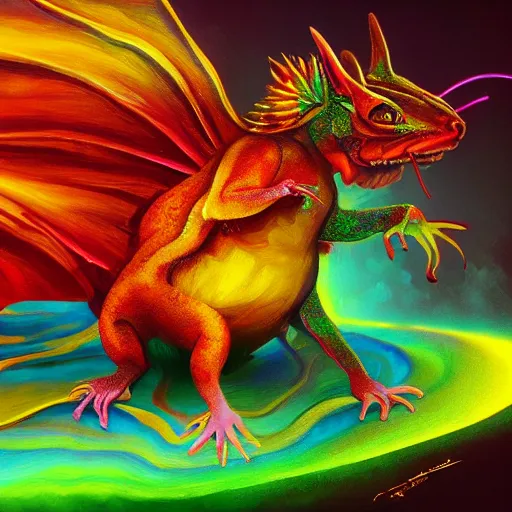 Image similar to an oilpainting of a psychedelic hamster dragon hybrid, hd, artstation, digital art, 4k, 8k