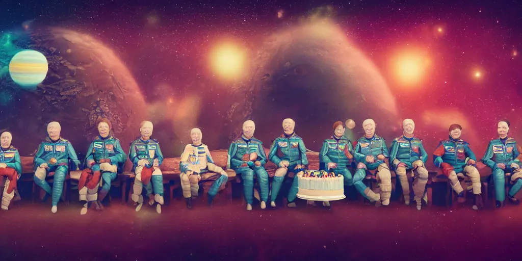 Image similar to twelve cosmonauts sitting by the river with a big holiday cake + octane render + ue 5 + planets and stars + mystical fog + psychedelic colors + super detail, high quality