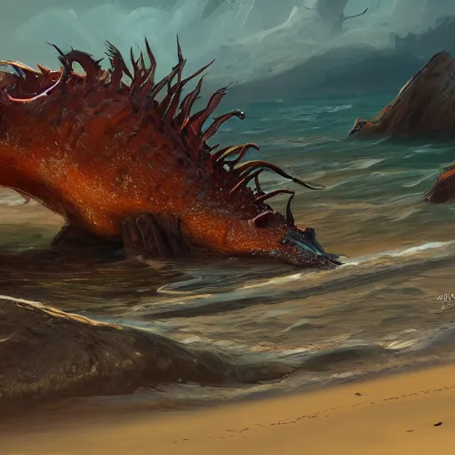 Image similar to a dying beached sea dragon washing up on the shore of a beach by jaime jones, cgsociety, fantasy art, concept art, artstation hd, deviantart hd. highly detailed. dramatic light. masterpiece