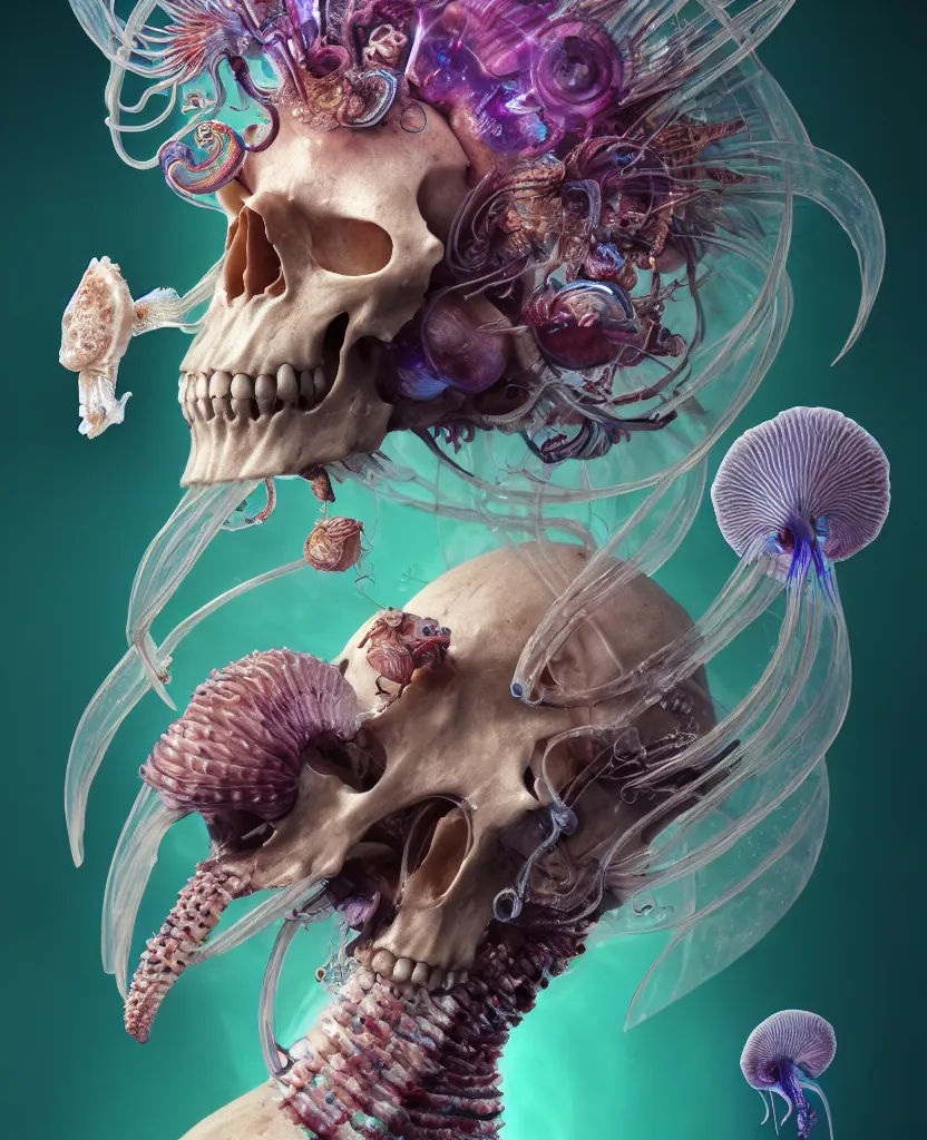 Image similar to goddess close-up portrait ram skull, thorax, x-ray, backbone, jellyfish phoenix head, nautilus, orchid, skull, betta fish, bioluminiscent creatures, intricate artwork by Tooth Wu and wlop and beeple. octane render, trending on artstation, greg rutkowski very coherent symmetrical artwork. cinematic, hyper realism, high detail, octane render, 8k