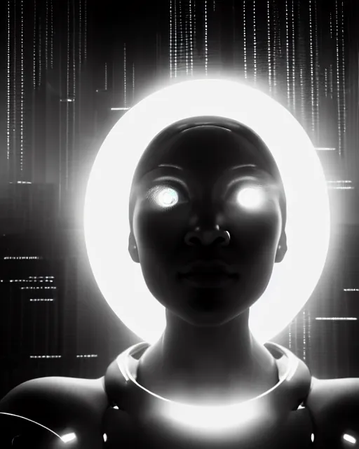 Prompt: black and white high quality photo of a beautiful futuristic female human-AI-cyborg looking into a sci-fi mirror:: volumetric lighting, liminal space, brutalism, foggy, dreamy, hyperdetailed, bokeh, photorealistic, cinematic, masterpiece, Metropolis, elegant, dark, octane render, 8K, photograph taking in 1910