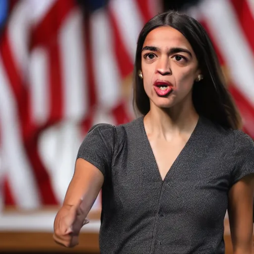 Prompt: Alexandria Ocasio-Cortez aiming a gun at the camera, realistic 4k