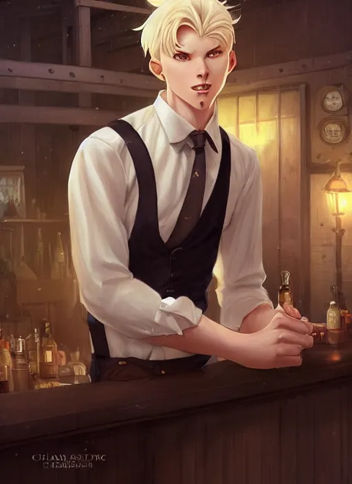 Prompt: beautiful portrait commission of a male furry anthro albino mountain lion wearing a white dress shirt with suspenders in an old-timey Saloon. Atmospheric. Character design by charlie bowater, ross tran, artgerm, and makoto shinkai, detailed, inked, western comic book art