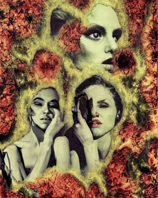 Prompt: the end of the world, different women's faces, cut and paste collage, mutated flowers, burnt, soft glow, 1 9 6 0 s, hypnotized, gritty texture, radioactive, dystopian, serene emotions