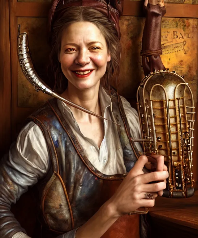 Image similar to hyperrealistic mixed media painting of a grinning female bard, dimly lit cozy tavern, leather tunic, confident relaxed pose, d&d, stunning 3d render inspired art by Tim Okamura and Lise Deharme + perfect facial symmetry + dim volumetric lighting, 8k octane beautifully detailed render, post-processing, extremely hyperdetailed, intricate, epic composition, grim yet sparkling atmosphere, cinematic lighting + masterpiece, trending on artstation, very very detailed, masterpiece, stunning