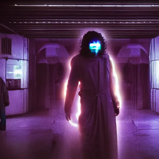 Image similar to electric warrior monks, robed, cyberpunk cathedral, special effects, neon, cyberpunk, realistic, cinematic style, visually stunning, 35mm, film post process