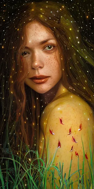 Image similar to infp young woman, smiling, amazed by golden fireflies lights, sitting in the midst of nature fully covered, long loose red hair, intricate linework, green eyes, small nose with freckles, oval shape face, realistic, expressive emotions, dramatic lights mystical scene, hyper realistic ultrafine art by michael cheval, jessica rossier, boris vallejo