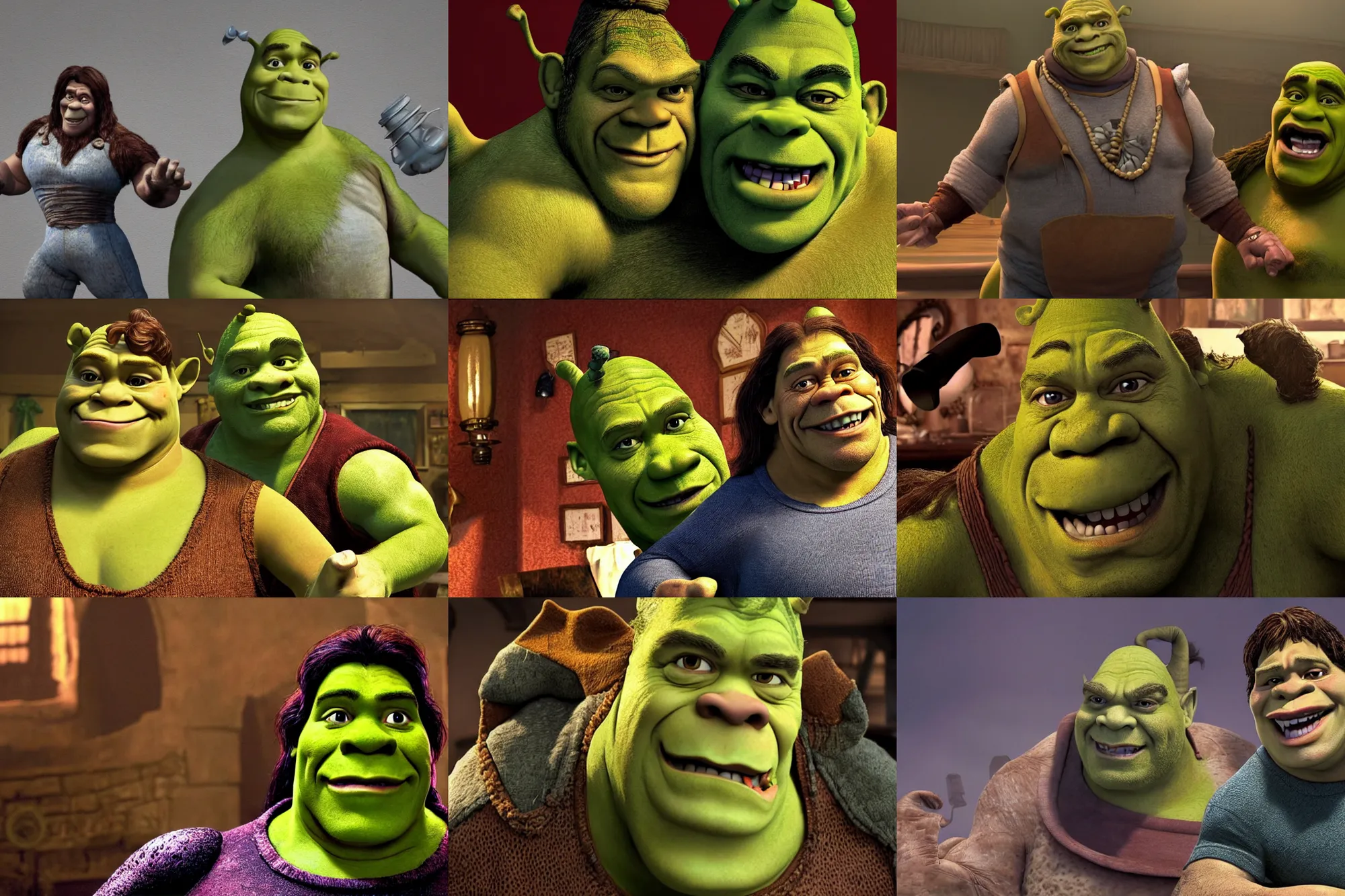 Prompt: a still of a movie with danny trejo as shrek. 3 d rendering. very detailed