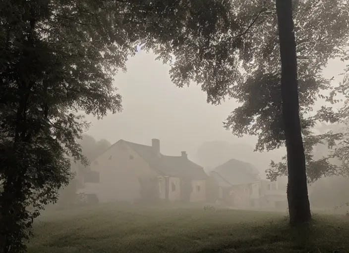 Prompt: and furnished by the late afternoon light, mist curdling like a blurry feast, the haze descends upon this idyllic village, and it is time to rest. the most pleasing, soothing sound can be heard from secret corners of this cozy place. we are safe inside these walls. we are at peace.