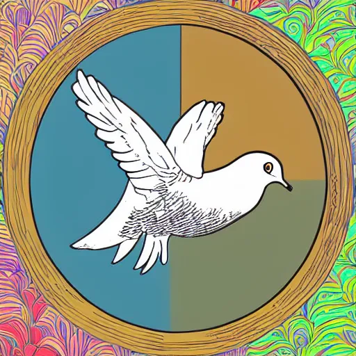 Image similar to illustration of dove inside an ear, palette of primaries, flat colors, flat linework, grainy filter, stippling, psychodelic