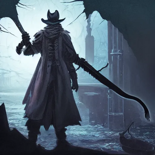 Image similar to hunter from bloodborne holding a torch, retrofuturism, toonami, redshift, concept art by otomo katsuhiro, behance contest winner, official art