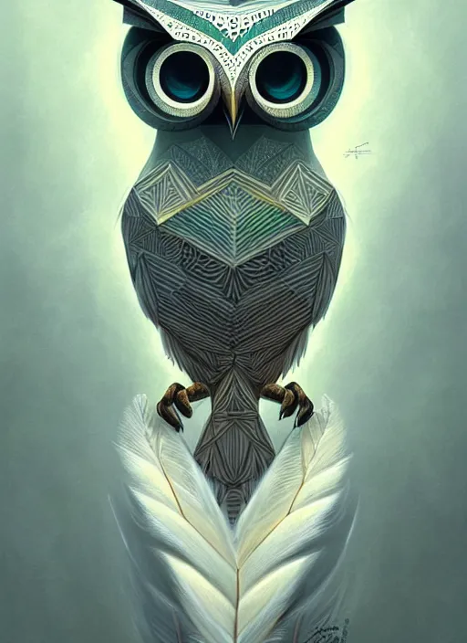 Image similar to portrait of a geometric owl, identical eyes, medium shot, illustration, full body made of white feathers, symmetrical, art stand, super detailed, cinematic lighting, and its detailed and intricate, gorgeous, by peter mohrbacher