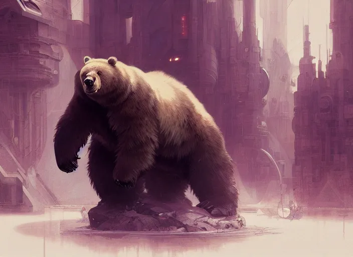 Prompt: a giant bear with a giant proton cannon in his back, elegant, technology, highly detailed, digital painting, artstation, concept art, smooth, sharp focus, illustration, art by krenz cushart and artem demura and alphonse mucha